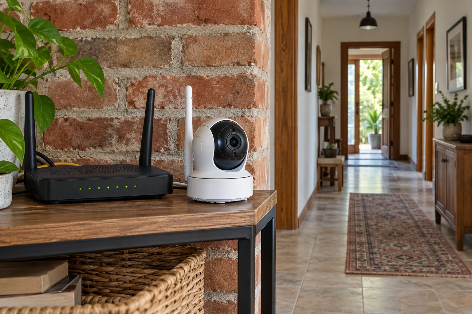 Wi-Fi-камера и роутер у кирпичной стены